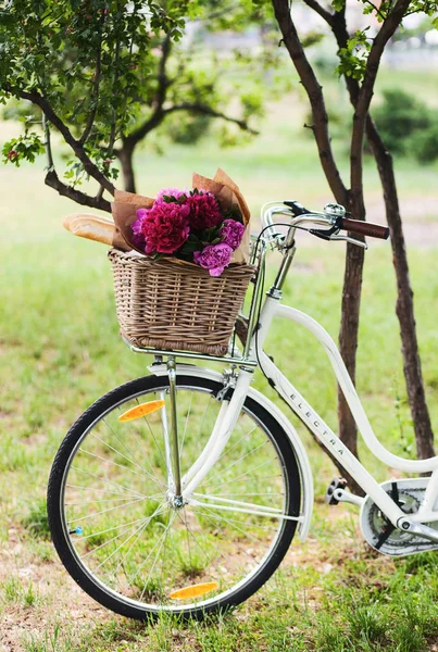 Bicycle with flowers in basket — Stock Photo, Image
