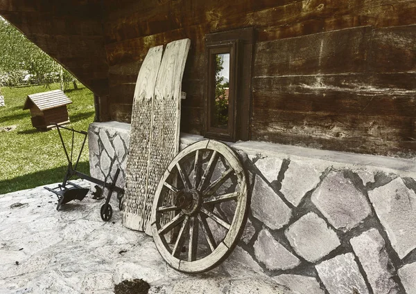 Old horse car wheel and plow — Stock Image Old Horse Car Wheel Plow Royalty Free Stock Photos