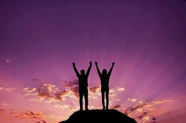 Silhouette Young Girls Men Celebrating Victory Stock Picture