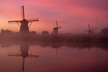 Hollanda, Kinderdijk 'te gün batımında suda yel değirmenleri.