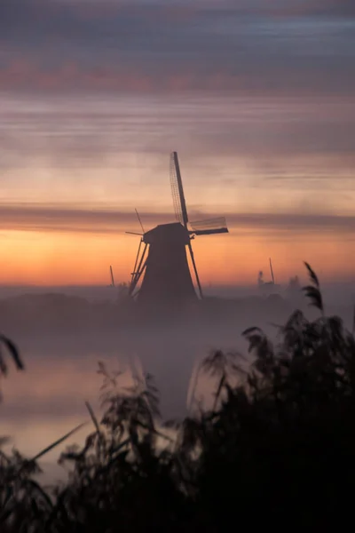 Windmills Water Sunset Kinderdijk Netherlands — Stock Photo, Image