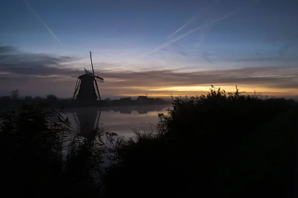 Windmills Water Sunset Kinderdijk Netherlands — Stock Photo, Image