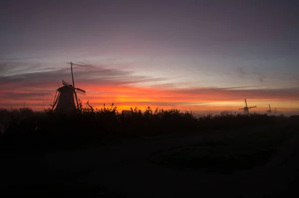 Windmills Water Sunset Kinderdijk Netherlands — Stock Photo, Image