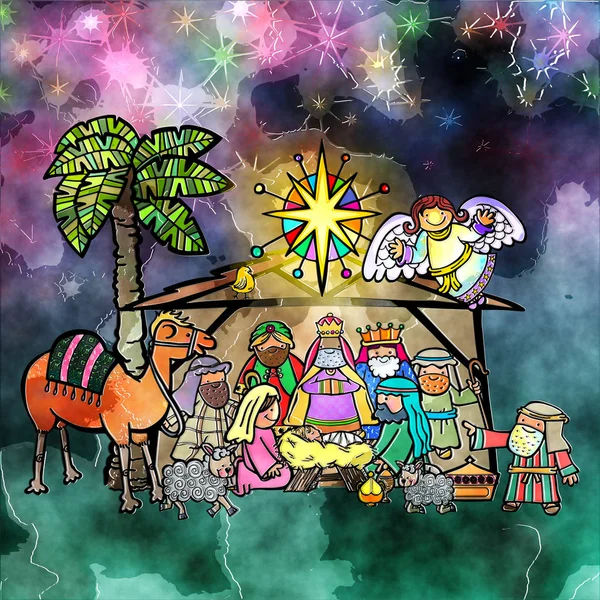 Christmas Nativity Watercolour Scene — Stock Photo, Image