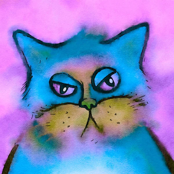 Bored Cat Digital Watercolor Portrait — Stock Photo, Image