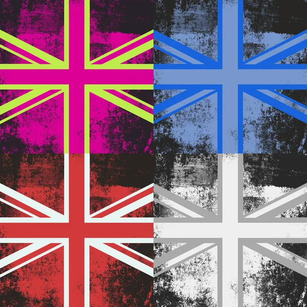 Uppsättning Fyra Grunge Nödställda Union Jack Flaggor Storbritannien — Stockfoto