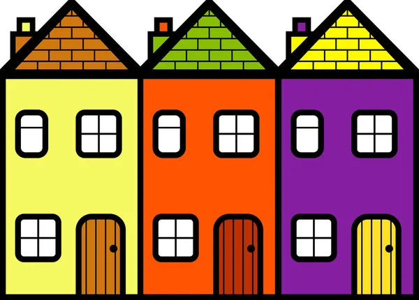 Tre enkla platta tecknade hus står tillsammans — Stockfoto