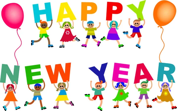 Happy New Year Diverse Kids Text — Stock Photo, Image