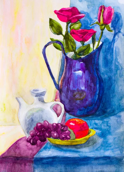 Vas och rosor, akvarell ritning — Stockfoto