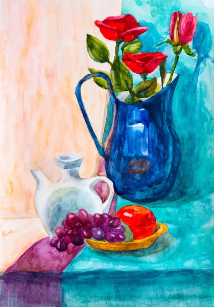 Vase and roses, watercolor drawing — Stock Photo, Image