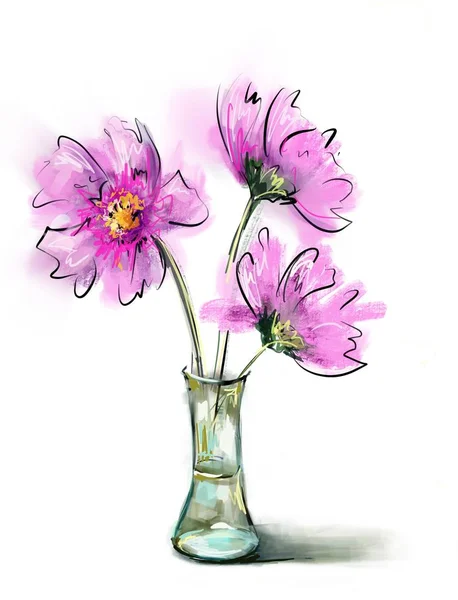 İzole edilmiş, beyaz bir arka planda vazoda pembe çiçekler. Güzel bahçe çiçekleri.