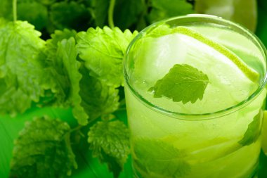 Bir bardak limonata limon ve nane ile