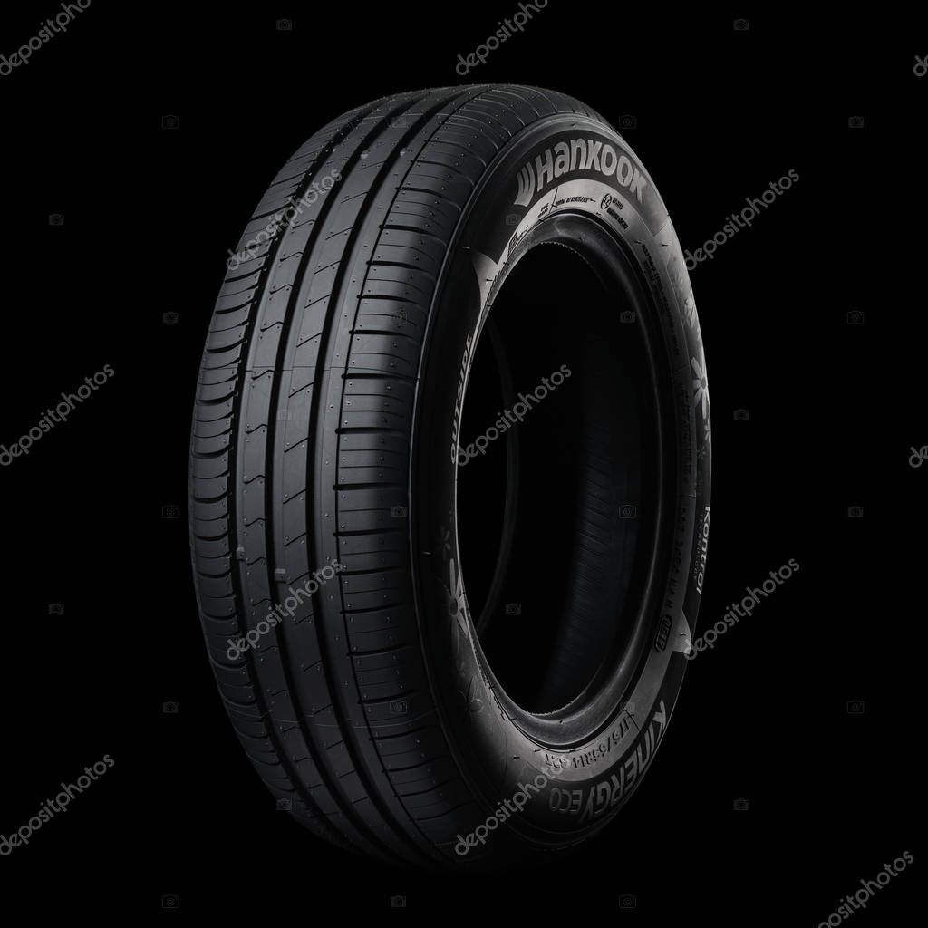 Almetyevsk City, Russia - April 5, 2017: Car tire Hankook on black background
