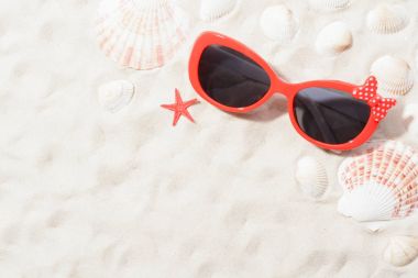 Güneş gözlüğü ve küçük deniz kabuklarını