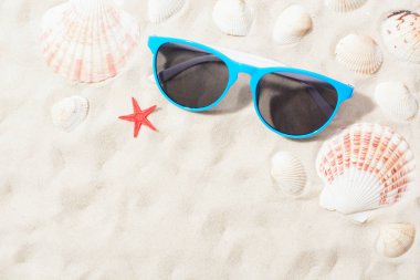 Güneş gözlüğü ve küçük deniz kabuklarını