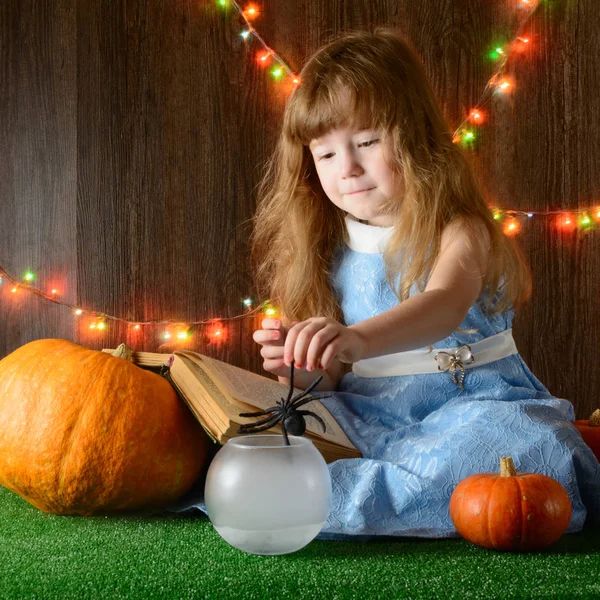 Flicka sätta Halloween leksak spindel i skål — Stockfoto