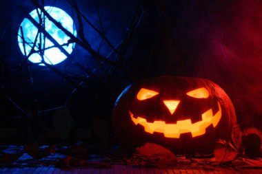 Korkunç Cadılar Bayramı Balkabağı arka plan dalları ve dolunay siste