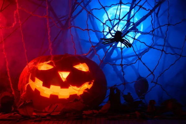 Borzalmas Halloween tök, a háttérben a webes és a telihold, a ködben — Stock Fotó