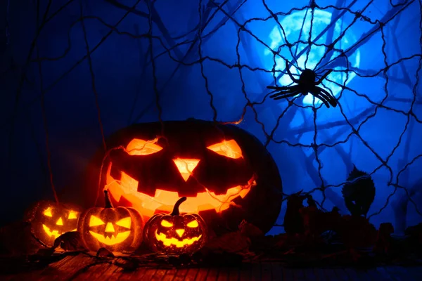 Korkunç Halloween pumpkins web ve dolunay siste arka planda