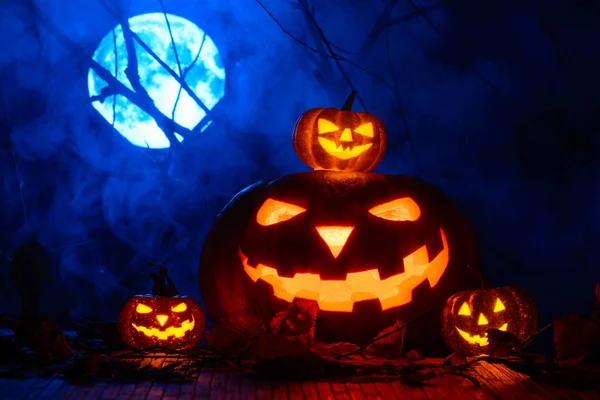 Strašidelné Halloween dýně na pozadí větve a úplněk v mlze — Stock fotografie