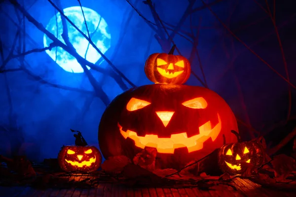 Strašidelné Halloween dýně na pozadí větve a úplněk v mlze — Stock fotografie