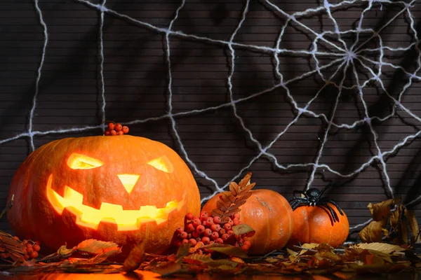 Halloween pompoen met enge gloeiend gezicht onder de gele bladeren op de achtergrond van het web — Stockfoto