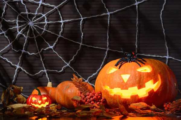 Хэллоуин тыква со страшным светящимся лицом среди желтых листьев на фоне паутины — стоковое фото