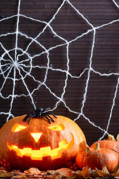 Cadılar Bayramı Balkabağı sarı arasında korkunç parlayan yüzü ile web arka plan üzerinde bırakır