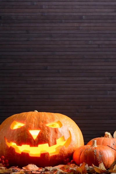 Cadılar Bayramı Balkabağı korkunç parlayan yüz ve sarı yapraklar arasında iki küçük kabak ile