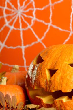 Korkunç Cadılar Bayramı Balkabağı ve sarı yaprakları turuncu duvar web arka plan üzerinde