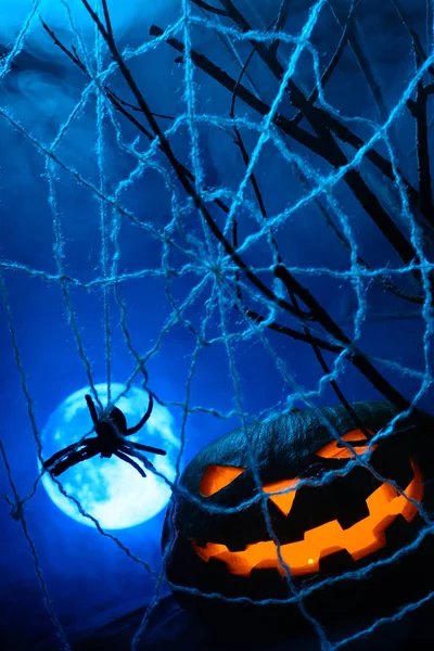 Strašidelné Halloween dýně s zářící tváří a pavučina s pavoukem na pozadí úplněk v mlze — Stock fotografie