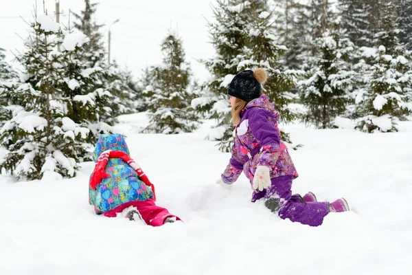 Fata cu sora mai mică jucându-se în zăpadă printre pini — Fotografie, imagine de stoc