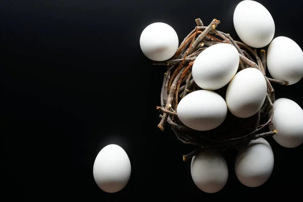 Fondo de Pascua. Los huevos blancos en el nido de las ramas sobre el fondo negro —  Fotos de Stock