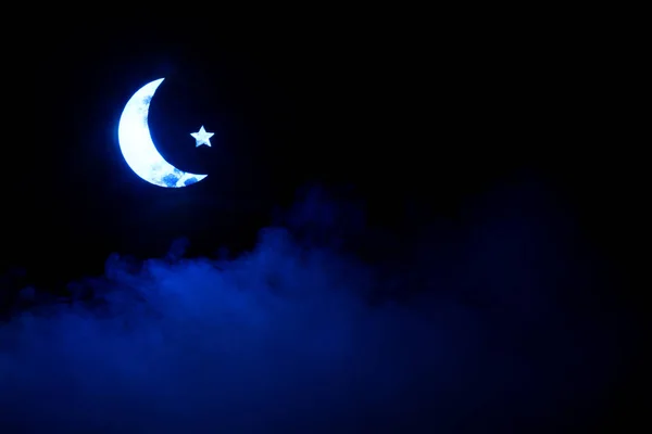 Holy month Ramadan. Background with Crescent Moon and star in clouds