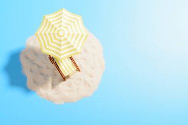 Tatil tropikal kavramı. Kum, üst görünümünde bir şemsiye altında bir güneşlenme ile okyanusa Cennet Adası. Kopya alanı ile mavi arka plan