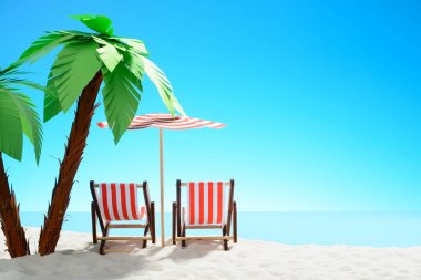 Kumlu sahilde bir palmiye ağacının altında iki şezlong. Kopya alanı ile gökyüzü