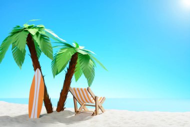 Yaz tatili kavramı. Palmiye ağaçları ve tatil aksesuarları ile kumlu Sahili güzel görünümü