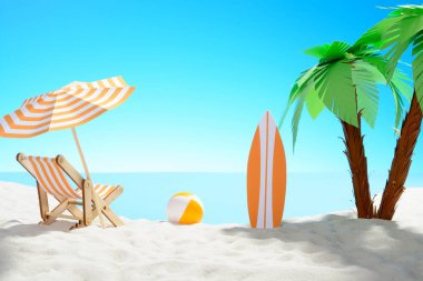 Yaz tatili kavramı. Palmiye ağaçları ve tatil aksesuarları ile kumlu Sahili güzel görünümü