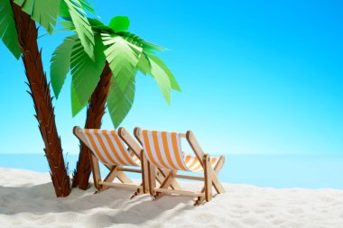 Kumlu sahilde bir palmiye ağacının altında iki şezlong. Kopya alanı ile gökyüzü