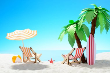 Yaz tatili kavramı. Palmiye ağaçları ve tatil aksesuarları ile kumlu Sahili güzel görünümü
