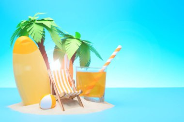 Palmiye ağaçları, güneşlenme, sörf tahtası, portakal suyu, top ve güneş güneşli kumlu ada görünümünü