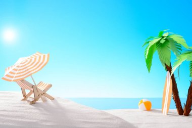 Tropikal natürmort. Palmiye ağaçları ile kumlu sahilde şafak. Güneşlenme, top ve sahilde sörf tahtası