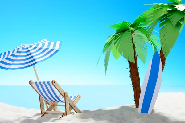 El concepto de vacaciones de verano. Hermosa vista de la costa arenosa con palmeras y accesorios de vacaciones — Foto de Stock