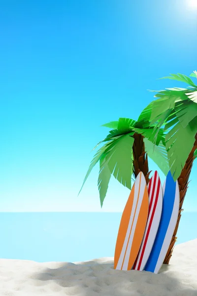 El concepto de vacaciones de verano. Hermosa vista de la costa arenosa con palmeras y tablas de surf —  Fotos de Stock