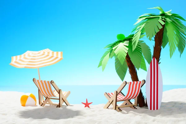 El concepto de vacaciones de verano. Hermosa vista de la costa arenosa con palmeras y accesorios de vacaciones — Foto de Stock