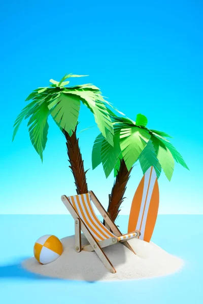 Paradijseiland in de Oceaan. Ligstoel, surfplank en bal onder de palmbomen op het zand. — Stockfoto