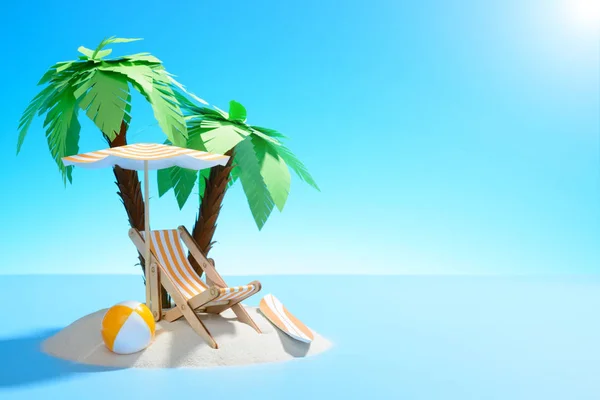 Paradijseiland in de Oceaan. Ligstoel, surfplank en bal onder de palmbomen op het zand. — Stockfoto