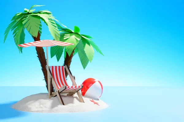 Rajska wyspa na oceanie. Szezlong, parasol i piłka pod palmami na piasku. — Zdjęcie stockowe