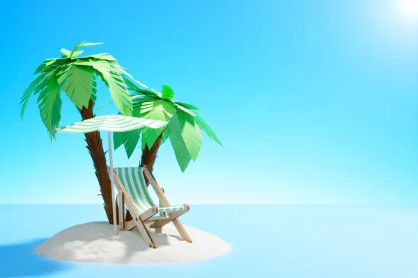 Rajska wyspa na oceanie. Leżak i parasol pod palmą na piasku. — Zdjęcie stockowe