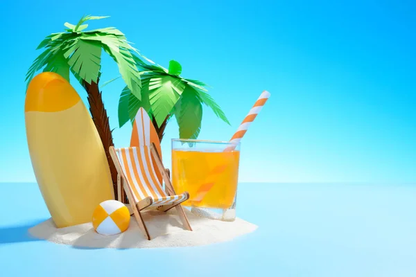 Blick auf die sonnige Sandinsel mit Palmen, Sonnenliege, Surfbrett, Orangensaft, Ball und Sonnencreme — Stockfoto